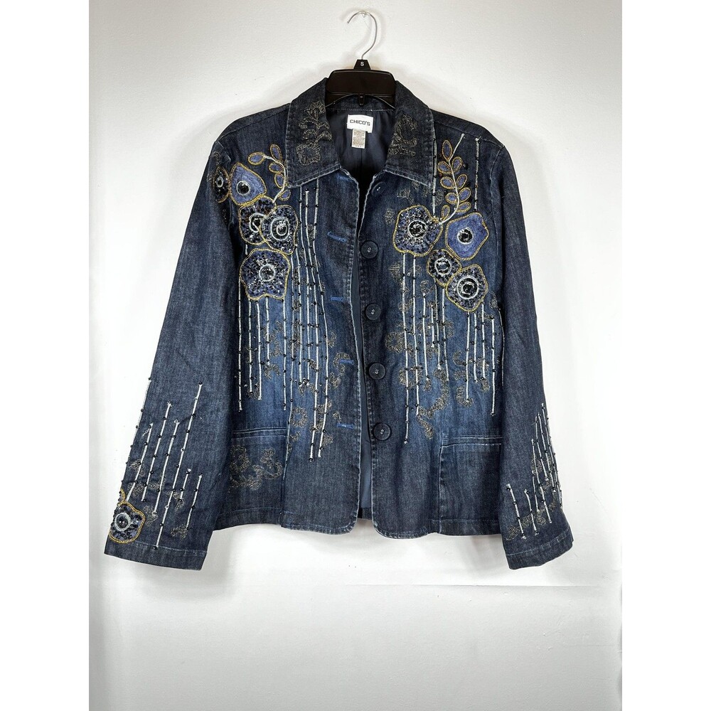 Chico's VTG Y2k Jacket WMS 3 XL Blue Denim Embroidered Sequin Floral Button